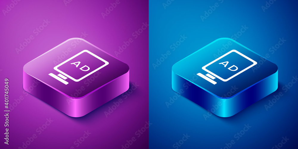 Isometric Advertising icon isolated on blue and purple background. Concept of marketing and promotion process. Responsive ads. Social media advertising. Square button. Vector. Isometric Advertising icon isolated on blue and purple background. Concept of marketing and promotion process. Responsive ads. Social media advertising. Square button. Vector.