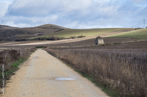 Vifranca Montes de Oca, Spain, January 10, 2019: Scenes from the Camino de Santiago as it passes through Montes de Oca, province of Burgos, Spain. Hermitage of San Felix