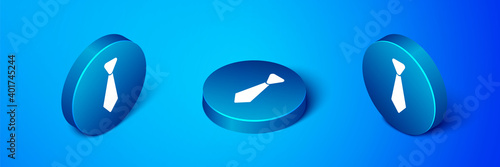 Isometric Tie icon isolated on blue background. Necktie and neckcloth symbol. Blue circle button. Vector.