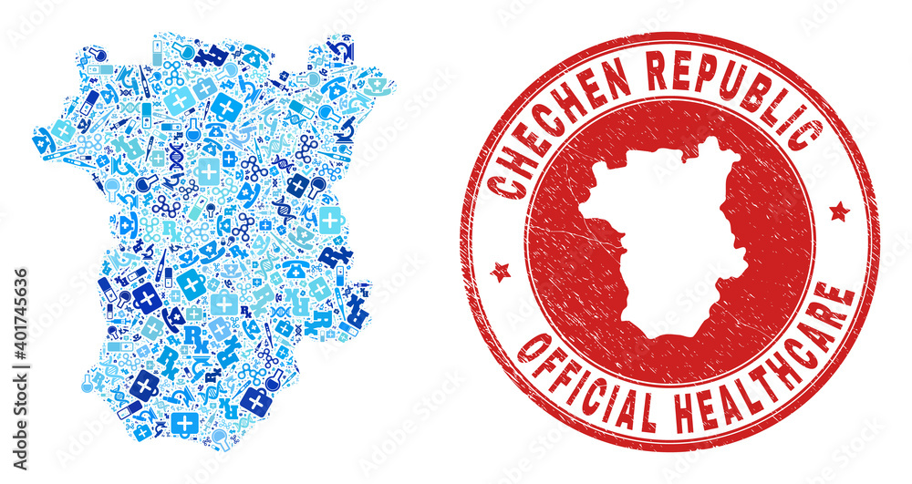 Vector mosaic Chechen Republic map with inoculation icons, medicine symbols, and grunge health care rubber imitation. Red round seal with grunge rubber texture and Chechen Republic map tag and map.