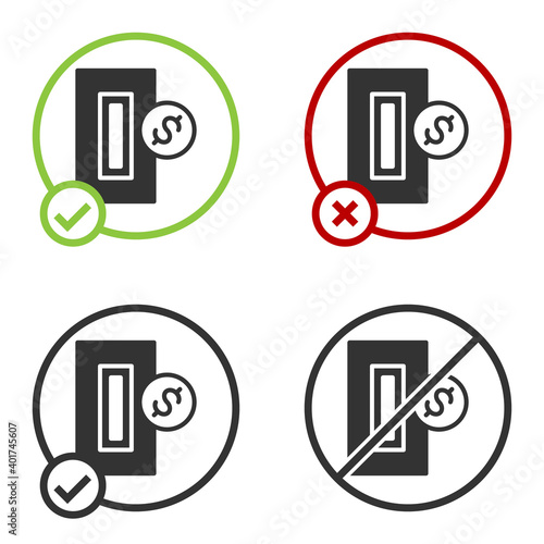 Black Hand inserting coin to a slot on a vending machine or arcade machine icon isolated on white background. Circle button. Vector.