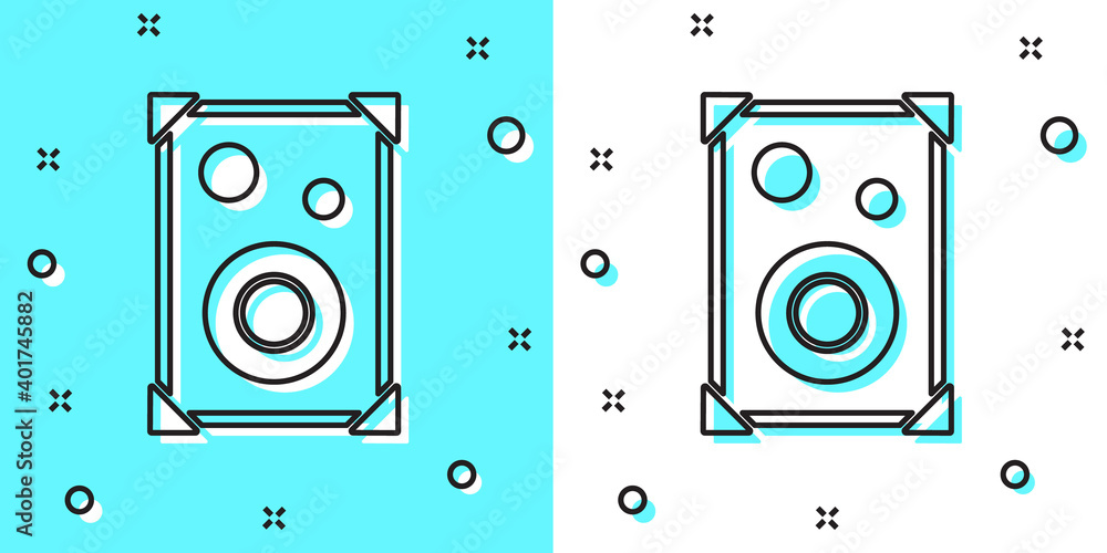Black line Stereo speaker icon isolated on green and white background. Sound system speakers. Music icon. Musical column speaker bass equipment. Random dynamic shapes. Vector. Black line Stereo speaker icon isolated on green and white background. Sound system speakers. Music icon. Musical column speaker bass equipment. Random dynamic shapes. Vector.