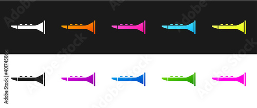 Set Clarinet icon isolated on black and white background. Musical instrument. Vector.