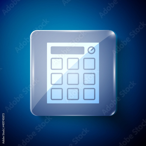 White Drum machine music producer equipment icon isolated on blue background. Square glass panels. Vector.