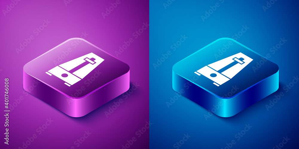 Isometric Classic Metronome with pendulum in motion icon isolated on blue and purple background. Equipment of music and beat mechanism. Square button. Vector. Isometric Classic Metronome with pendulum in motion icon isolated on blue and purple background. Equipment of music and beat mechanism. Square button. Vector.