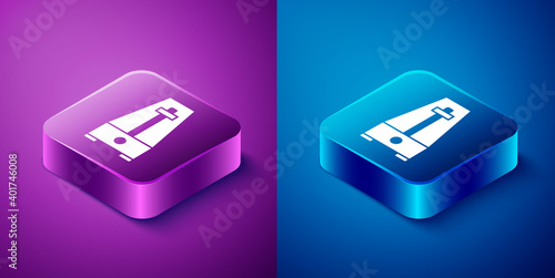 Isometric Classic Metronome with pendulum in motion icon isolated on blue and purple background. Equipment of music and beat mechanism. Square button. Vector.