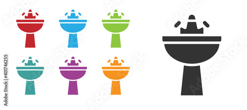 Black Washbasin with water tap icon isolated on white background. Set icons colorful. Vector.