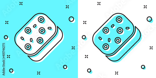 Black line Sponge with bubbles icon isolated on green and white background. Wisp of bast for washing dishes. Cleaning service logo. Random dynamic shapes. Vector.