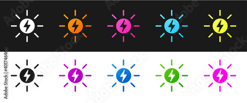 Set Solar energy panel icon isolated on black and white background. Sun with lightning symbol. Vector.