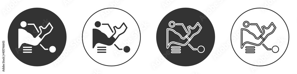 Black Prosthesis hand icon isolated on white background. Futuristic concept of bionic arm, robotic mechanical hand. Circle button. Vector. Black Prosthesis hand icon isolated on white background. Futuristic concept of bionic arm, robotic mechanical hand. Circle button. Vector.