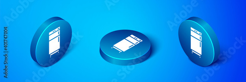 Isometric Refrigerator icon isolated on blue background. Fridge freezer refrigerator. Household tech and appliances. Blue circle button. Vector.