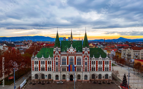 Ujpest city center in Budapest Hungary. City hall of ujpest. Amazing christmas mood.