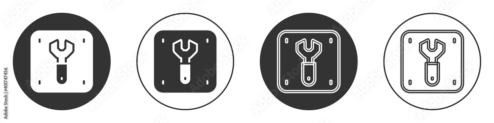 Black Repair of railway icon isolated on white background. Repair works. Renovation work. Sign and barrier tapes. Circle button. Vector. Black Repair of railway icon isolated on white background. Repair works. Renovation work. Sign and barrier tapes. Circle button. Vector.