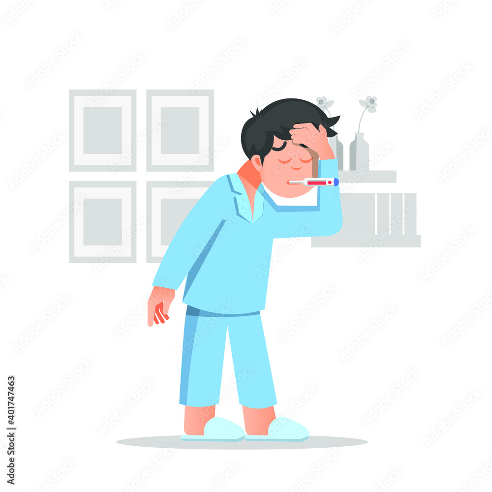 A boy who has a fever and feels weak A boy who has a fever and feels weak