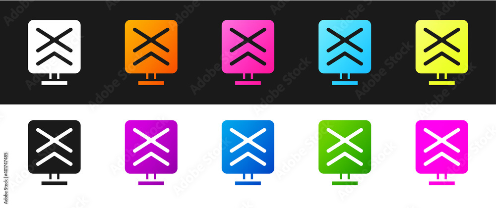 Set Railroad crossing icon isolated on black and white background. Railway sign. Vector. Set Railroad crossing icon isolated on black and white background. Railway sign. Vector.