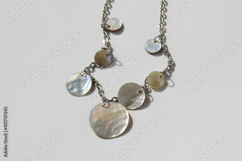  Necklaces with mother of pearl isolated white background.