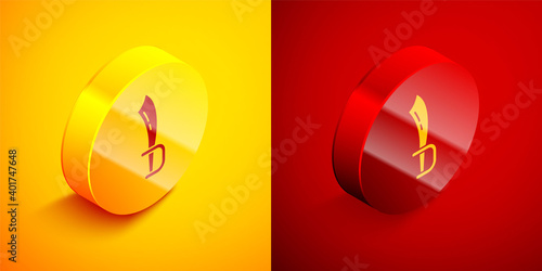 Isometric Pirate sword icon isolated on orange and red background. Sabre sign. Circle button. Vector. © Kostiantyn
