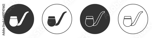 Black Smoking pipe with smoke icon isolated on white background. Tobacco pipe. Circle button. Vector.
