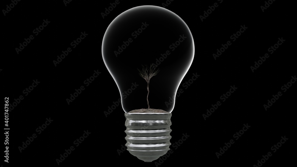 Light bulb with tree inside on black background. Green Energy Concept. 3D rendering. Light bulb with tree inside on black background. Green Energy Concept. 3D rendering.