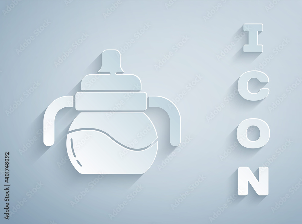 Paper cut Baby bottle icon isolated on grey background. Feeding bottle icon. Milk bottle sign. Paper art style. Vector. Paper cut Baby bottle icon isolated on grey background. Feeding bottle icon. Milk bottle sign. Paper art style. Vector.
