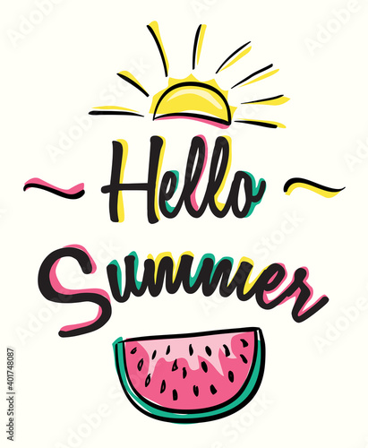 Hello Summer - trendy drawn label with watermelon slice