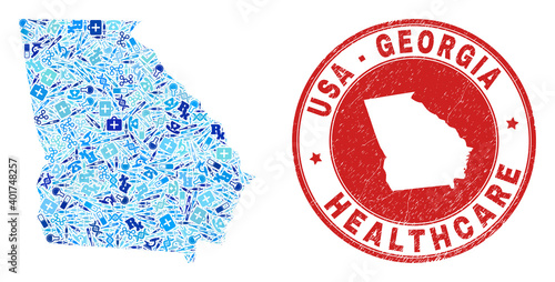 Vector mosaic Georgia State map with vaccination icons, first aid symbols, and grunge doctor imprint. Red round imprint with distress rubber texture and Georgia State map text and map.