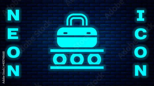 Glowing neon Airport conveyor belt with passenger luggage, suitcase, bag, baggage icon isolated on brick wall background. Vector.
