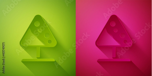 Paper cut Road sign avalanches icon isolated on green and pink background. Snowslide or snowslip rapid flow of snow down a sloping surface. Paper art style. Vector.