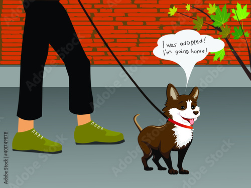 The happy adopted dog on a leash is glad that he is going home together with the new owner.  Vector illustration to popularize the adoption of homeless animals.