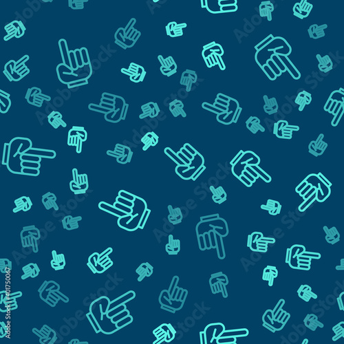 Green line Number 1 one fan hand glove with finger raised icon isolated seamless pattern on blue background. Symbol of team support in competitions. Vector Illustration.