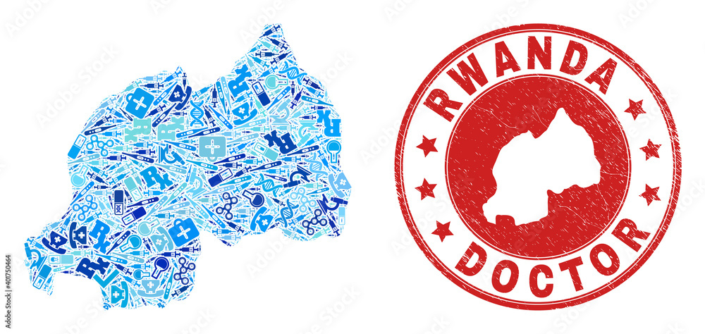 Vector mosaic Rwanda map with syringe icons, analysis symbols, and grunge healthcare imprint. Red round watermark with scratched rubber texture and Rwanda map tag and map. Vector mosaic Rwanda map with syringe icons, analysis symbols, and grunge healthcare imprint. Red round watermark with scratched rubber texture and Rwanda map tag and map.