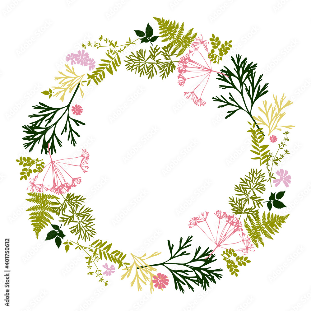 Flower Frame. Floral green wreaths. Forest herbs and flowers arranged in a wreath shape are ideal for wedding invitations and greeting cards. Meadow grasses.