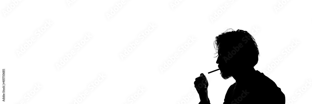 Monochrome silhouette of a smoking man isolated on white background. Banner panoramic. Copy space for text message.