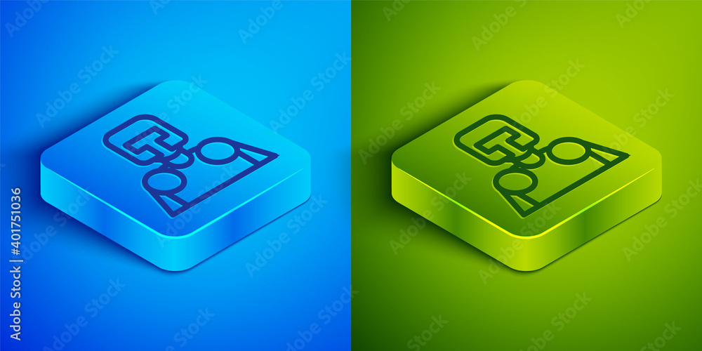 Isometric line Medieval knight icon isolated on blue and green background. Square button. Vector. Isometric line Medieval knight icon isolated on blue and green background. Square button. Vector.