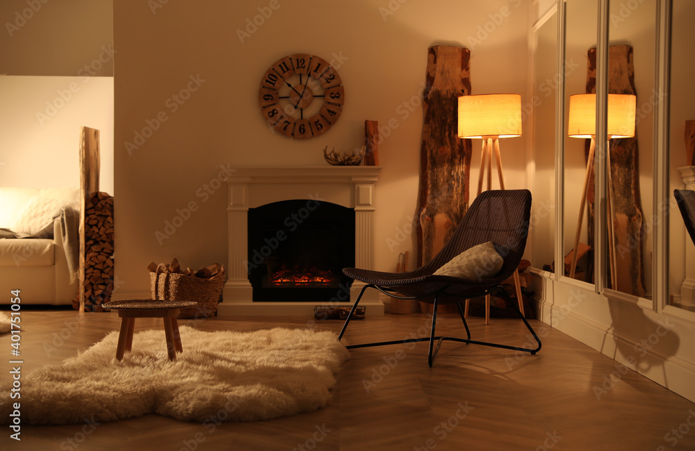 Beautiful view of cozy living room interior with modern fireplace Stock