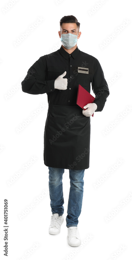Waiter in medical face mask with menu on white background