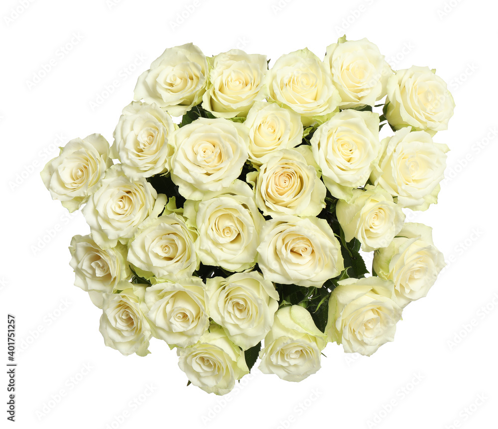 Luxury bouquet of fresh roses isolated on white, top view Luxury bouquet of fresh roses isolated on white, top view