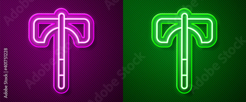 Glowing neon line Medieval axe icon isolated on purple and green background. Battle axe, executioner axe. Medieval weapon. Vector.