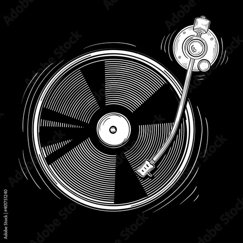 Drawn monochrome funky musical turntable