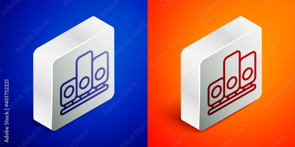 Isometric line Ranking star icon isolated on blue and orange background. Star rating system. Favorite, best rating, award symbol. Silver square button. Vector. Isometric line Ranking star icon isolated on blue and orange background. Star rating system. Favorite, best rating, award symbol. Silver square button. Vector.