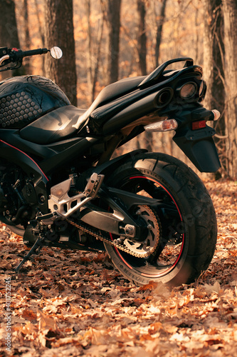 Fototapeta Naklejka Na Ścianę i Meble -  Black stylish sport motorcycle in autumn forest.