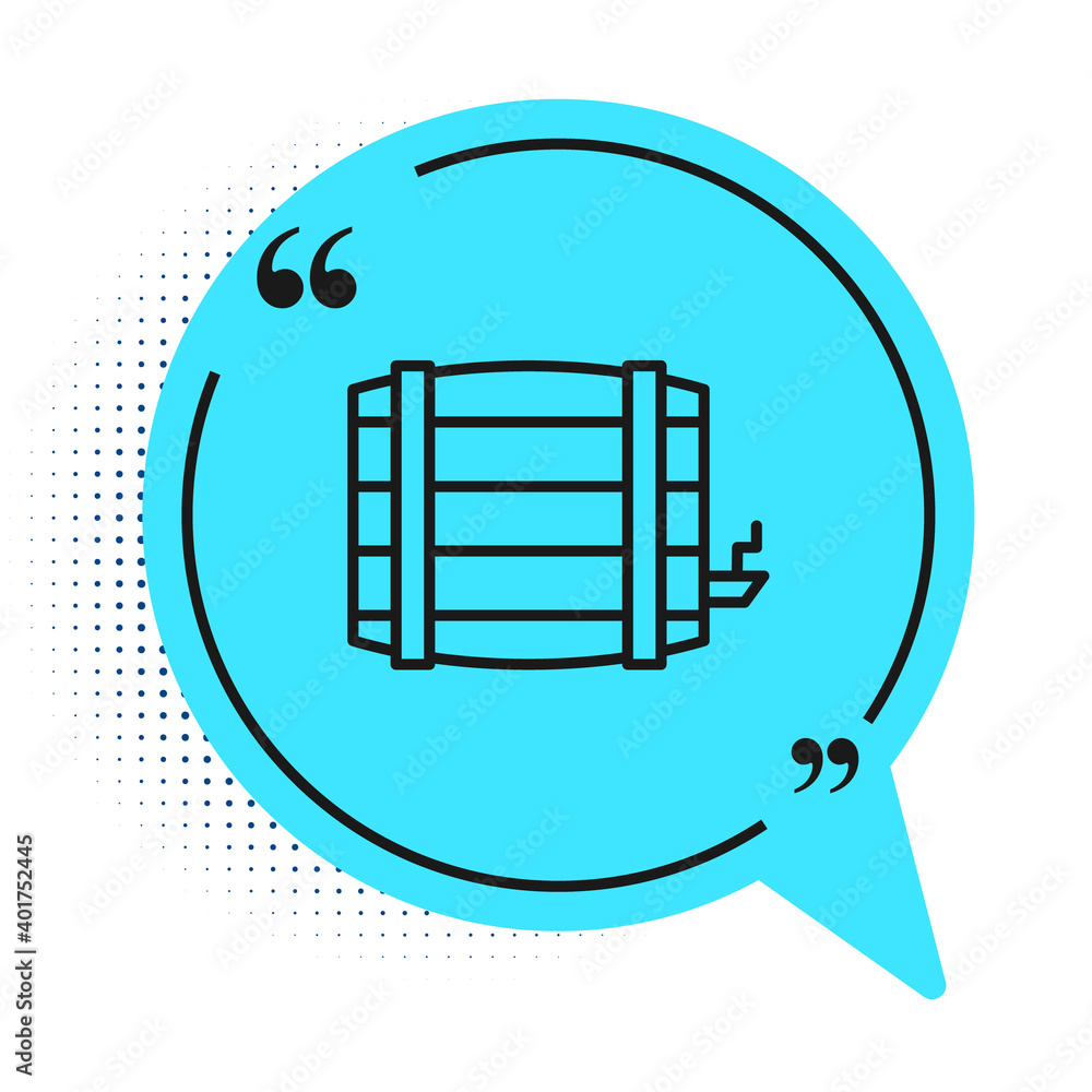 Black line Wooden barrel icon isolated on white background. Alcohol barrel, drink container, wooden keg for beer, whiskey, wine. Blue speech bubble symbol. Vector. Black line Wooden barrel icon isolated on white background. Alcohol barrel, drink container, wooden keg for beer, whiskey, wine. Blue speech bubble symbol. Vector.