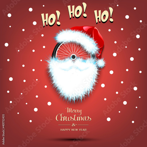 Merry Christmas and Happy New Year. Santa in the form of a bicycle wheel. Bicycle wheel with beard and santa hat. Greeting card design template with for new year. Vector illustration