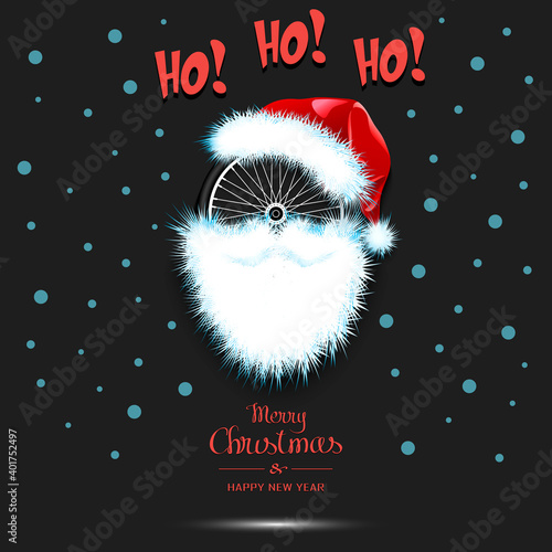 Merry Christmas and Happy New Year. Santa in the form of a bicycle wheel. Bicycle wheel with beard and santa hat. Greeting card design template with for new year. Vector illustration