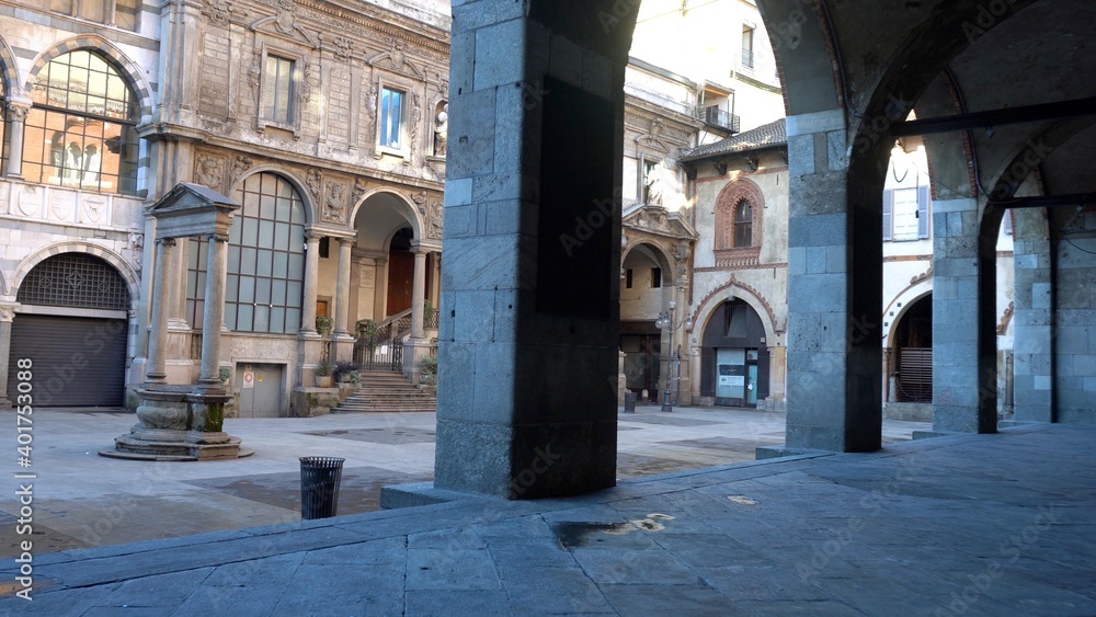 Europe, Italy , Milan 26 December 2020 - Loggia Piazza dei Mercanti near Duomo cathedral semi empty of people on  Christmas Holiday during Covid-19 Coronavirus lockdown - Italy red zone 