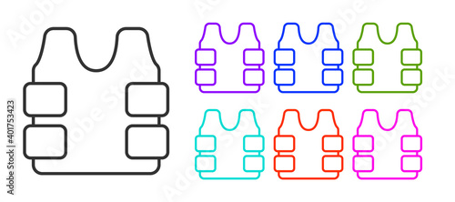 Black line Bulletproof vest for protection from bullets icon isolated on white background. Body armor sign. Military clothing. Set icons colorful. Vector.