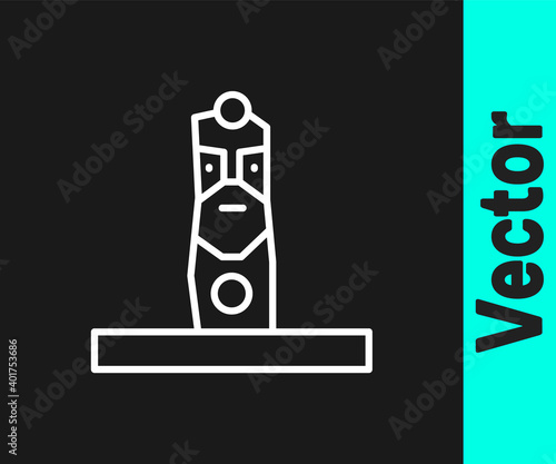 White line Slavic pagan idol icon isolated on black background. Antique ritual wooden idol. Vector.