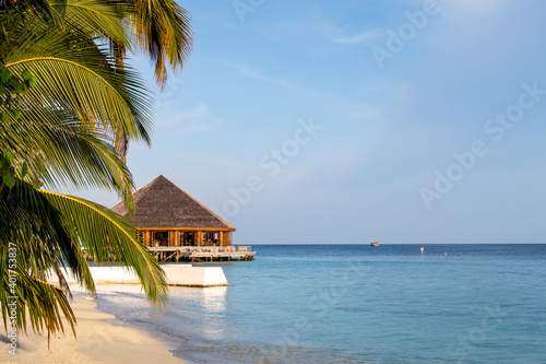 Tropical paradise landscape with wooden bungalow with thatched roof, palm trees and turquoise ocean, Maldives, copy space. photo