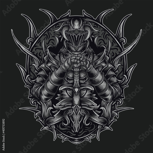 artwork illustration and t-shirt design dark knight engraving ornament premium vector