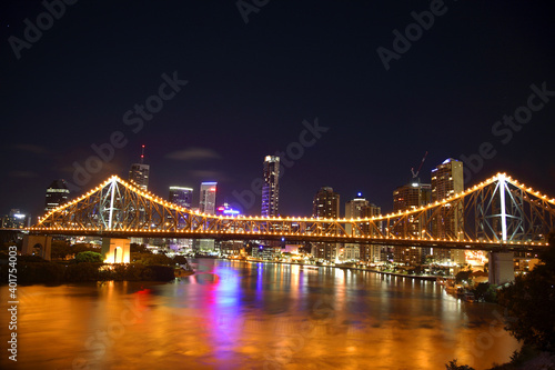 Storey Bridge at night with reflections on Brisbane River, Queensland, Australia,